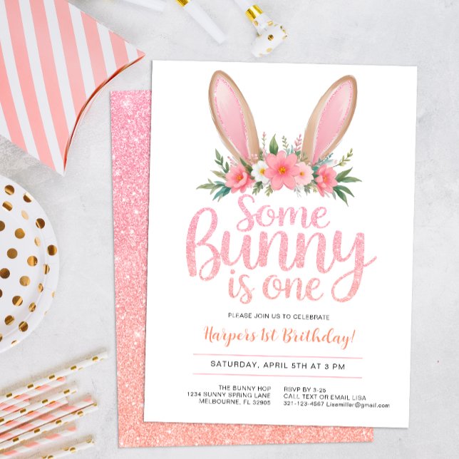 Invitation Parties scintillant rose Bunny Floral Premier anni (Some Bunny is one, birthday invite.)