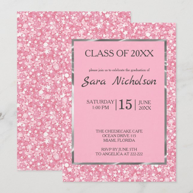 Invitation Parties scintillant rose Cadre en argent rose (Devant / Derrière)
