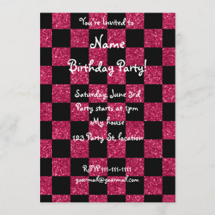 Invitation Parties scintillant rose chaud et noir à damiers m