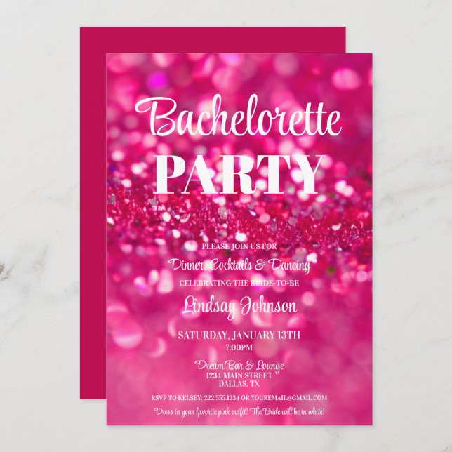 Invitation Parties scintillant rose chaud Glam Bachelorette P (Devant / Derrière)