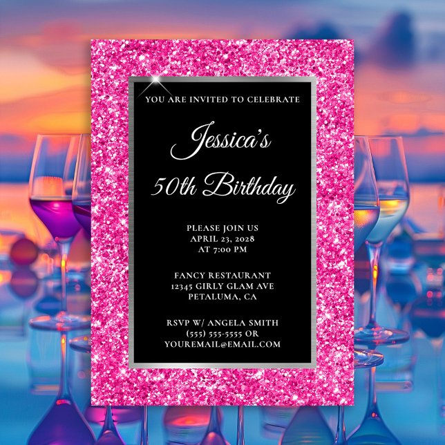 Invitation Parties scintillant rose chaud Noir 50e anniversai (Hot Pink Glitter Silver and Black Any Year Birthday Invitation)