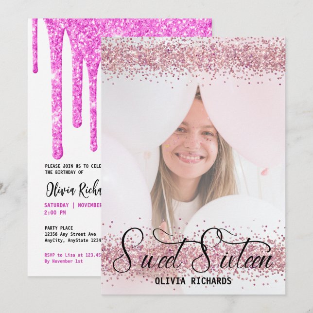 Invitation Parties scintillant rose chaud | SWEET SIXTEEN (Devant / Derrière)