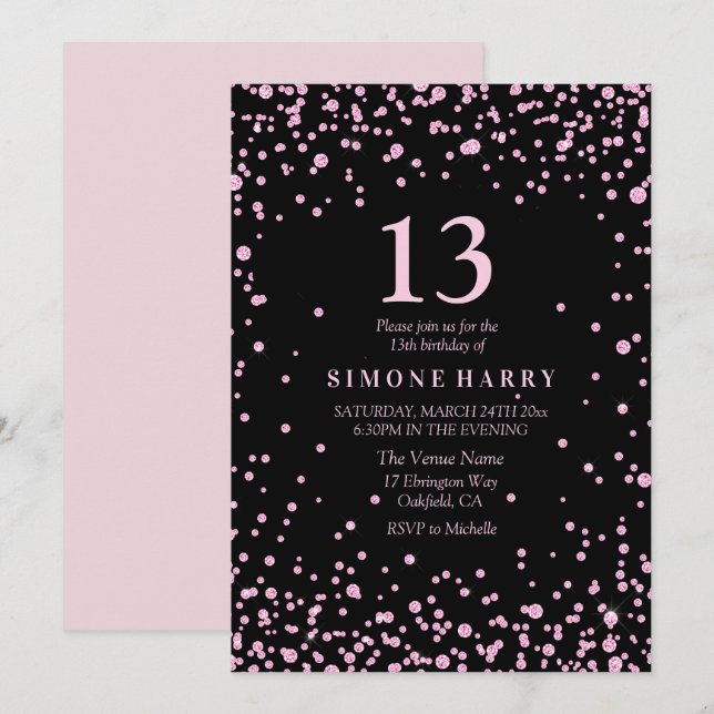 Invitation Parties scintillant rose Confetti 13e anniversaire (Devant / Derrière)
