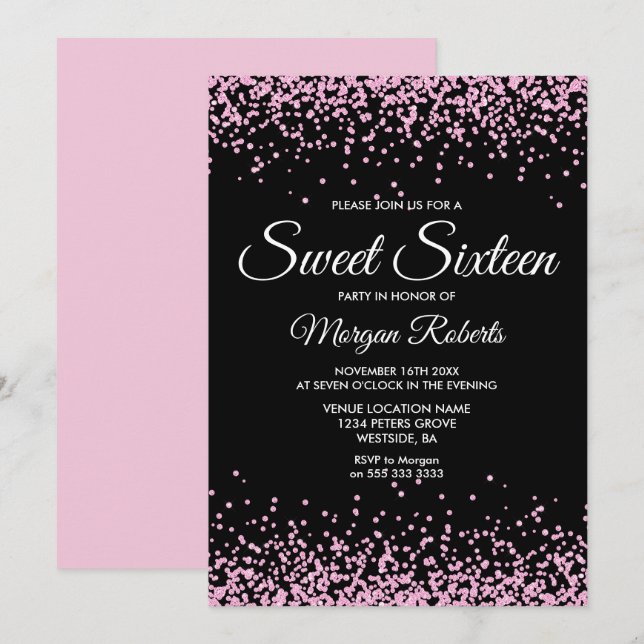 Invitation Parties scintillant rose Confetti Black Sweet 16 I (Devant / Derrière)