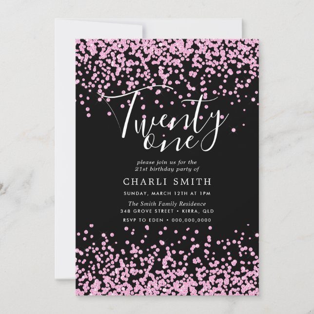 Invitation Parties scintillant rose Confetti Noir 21e anniver (Devant)