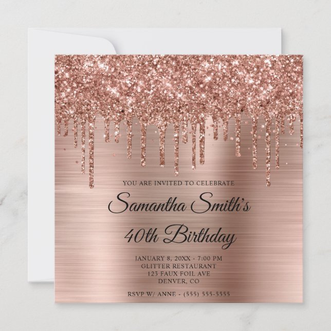 Invitation Parties scintillant rose de goutte d'or et Foil 40 (Devant)