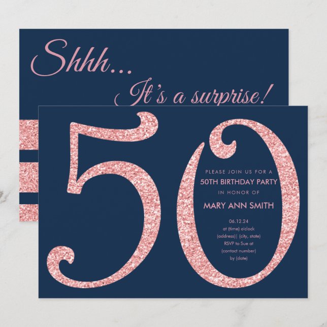 Invitation Parties scintillant Rose de la Gold Navy surprise  (Devant / Derrière)