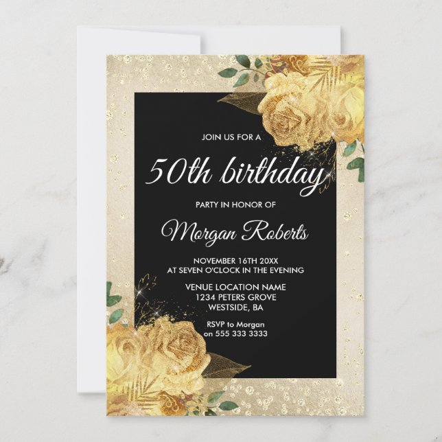 Invitation Parties scintillant Rose d'or Floral 50e anniversa (Devant)