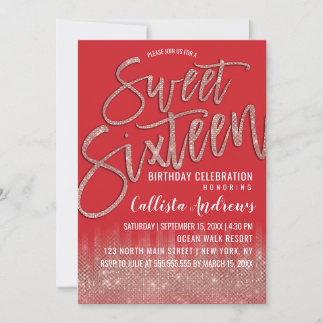 Invitation Parties scintillant Rose d'or Scarlet Typographie  (Devant)