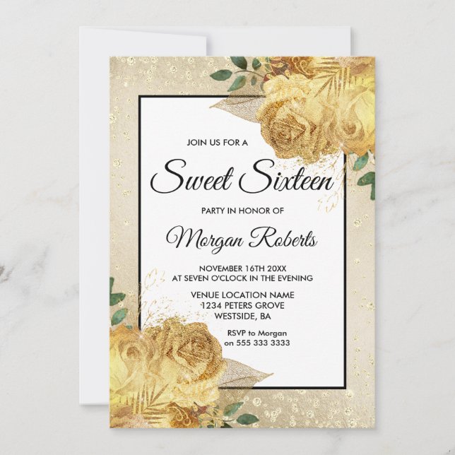 Invitation Parties scintillant Rose dorée Floral Sweet 16 Inv (Devant)
