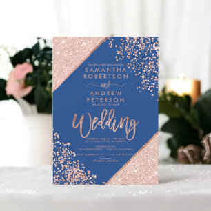Invitation parties scintillant rose en or confetti chic bleu