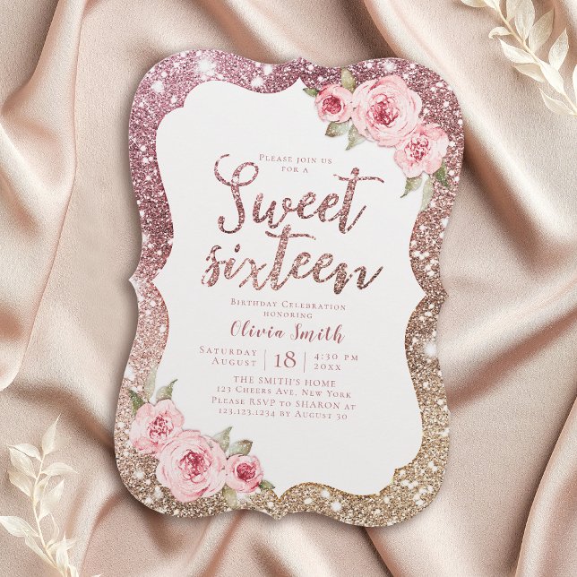 Invitation Parties scintillant rose en or étincelante à la  f (Sparkle rose gold glitter floral sweet 16 birthday invitation)