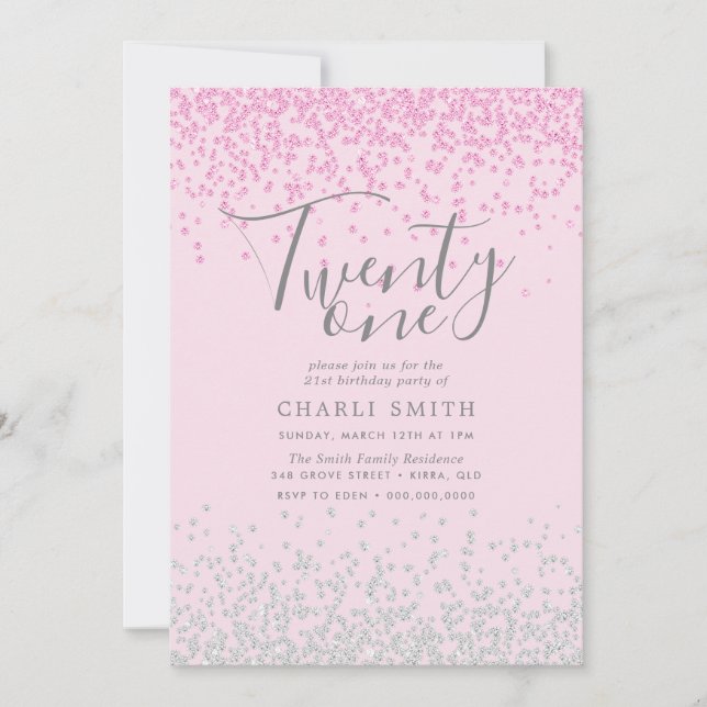 Invitation Parties scintillant rose et argent Filles 21ème an (Devant)