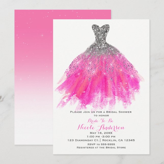 Invitation Parties scintillant rose et argent Glam Fête des m (Devant / Derrière)