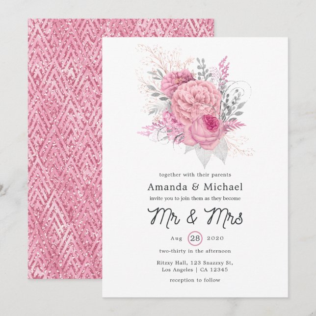 Invitation Parties scintillant rose et argent Mariage floral  (Devant / Derrière)