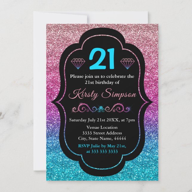 Invitation Parties scintillant rose et bleu brillant Annivers (Devant)