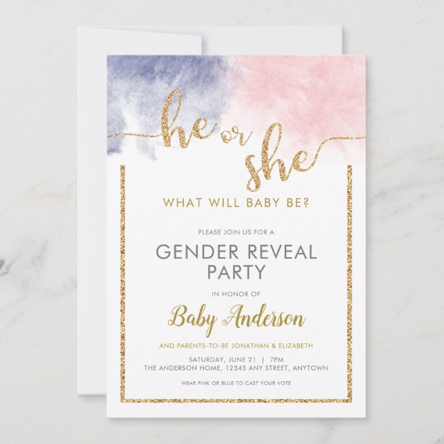 Invitation Parties scintillant rose et bleu marine Aquarelle  (Devant)