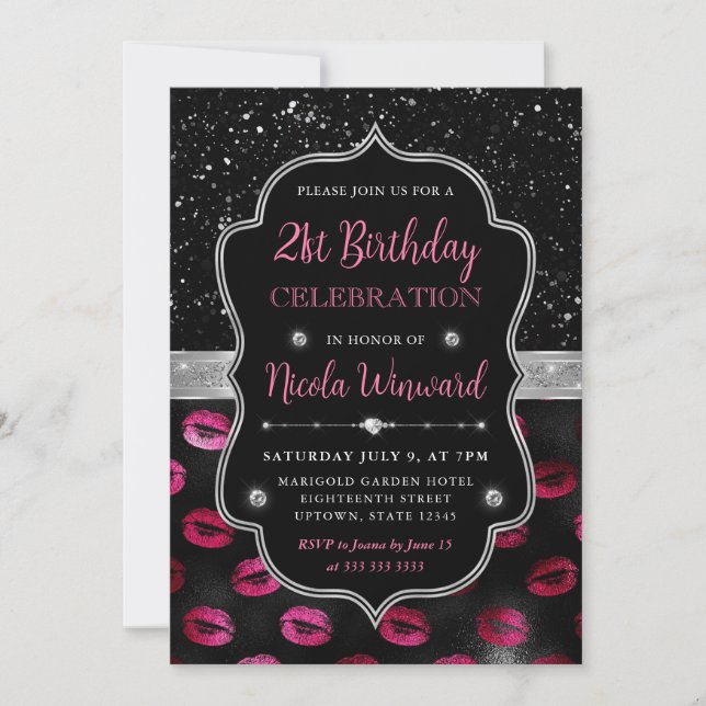 Invitation Parties scintillant rose et noir lèvres 21e annive (Devant)