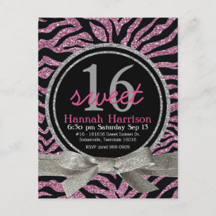 Invitation Parties scintillant rose et noir Zebra Sweet 16 Pa