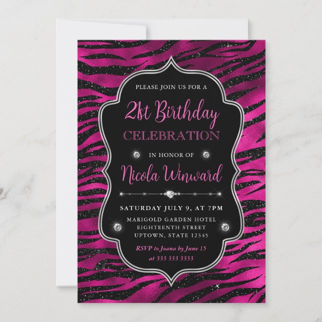 Invitation Parties scintillant rose et noire Tiger Stripes 21 (Devant)