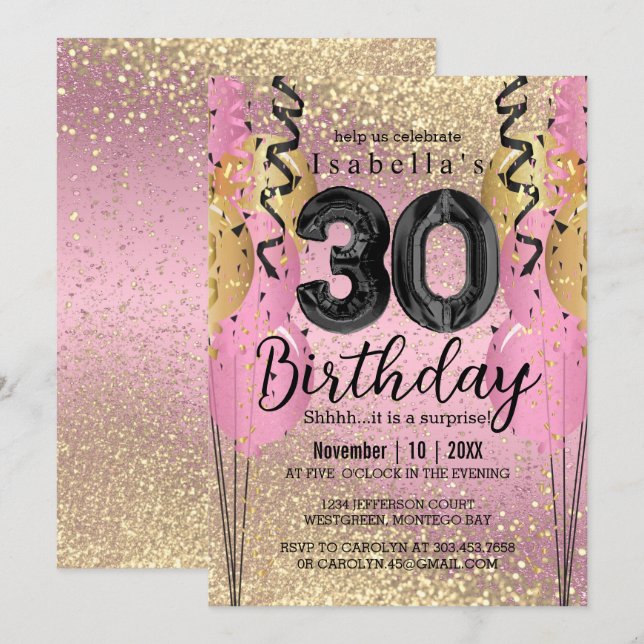 Invitation Parties scintillant rose et or 30e anniversaire (Devant / Derrière)