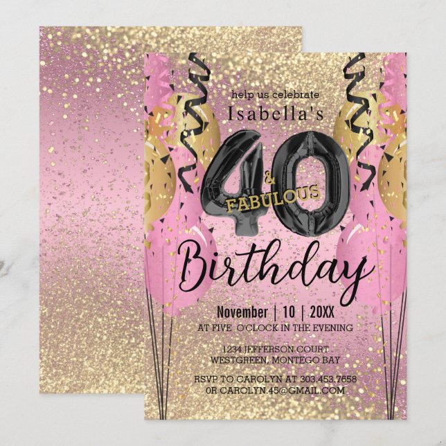 Invitation Parties scintillant rose et or 40e anniversaire (Devant / Derrière)