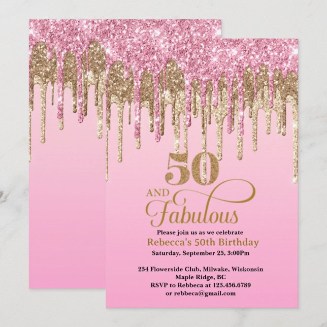 Invitation Parties scintillant rose et or 50e anniversaire (Devant / Derrière)