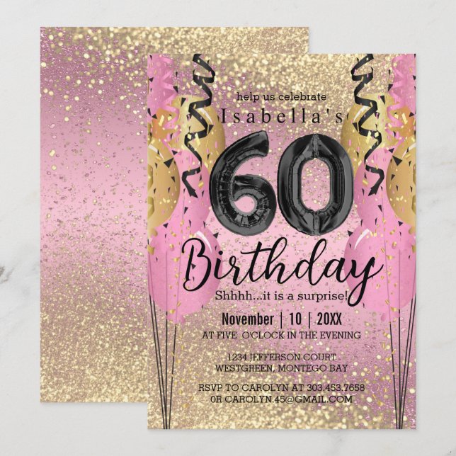 Invitation Parties scintillant rose et or 60e anniversaire (Devant / Derrière)
