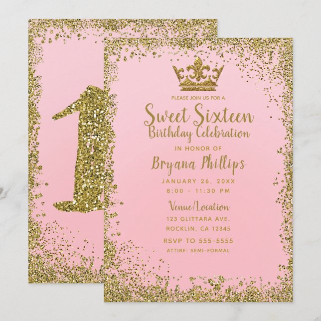 Invitation Parties scintillant rose et or bleu Couronne Sweet (Devant / Derrière)