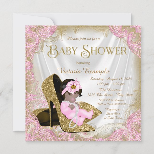 Invitation Parties scintillant rose et or Chaussure Baby show (Devant)