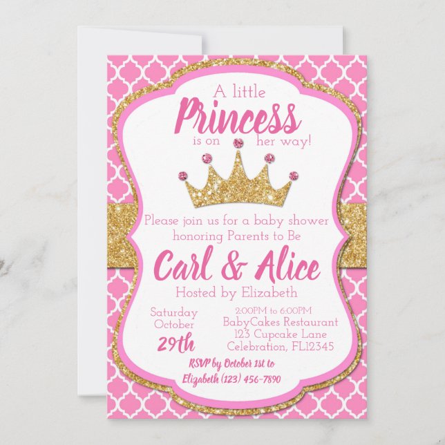 Invitation Parties scintillant rose et or  Couronne Princesse (Devant)