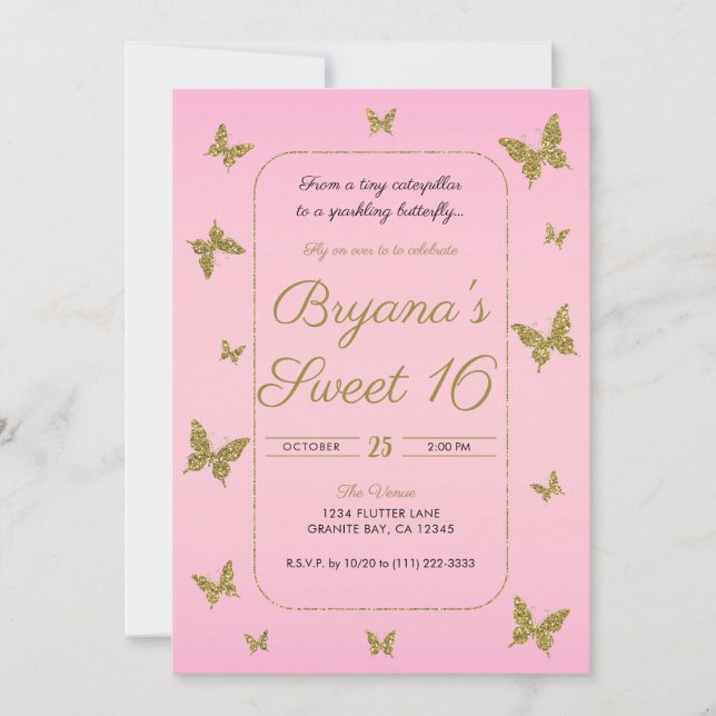 Invitation Parties scintillant rose et or Papillon doux 16 Pa (Devant)