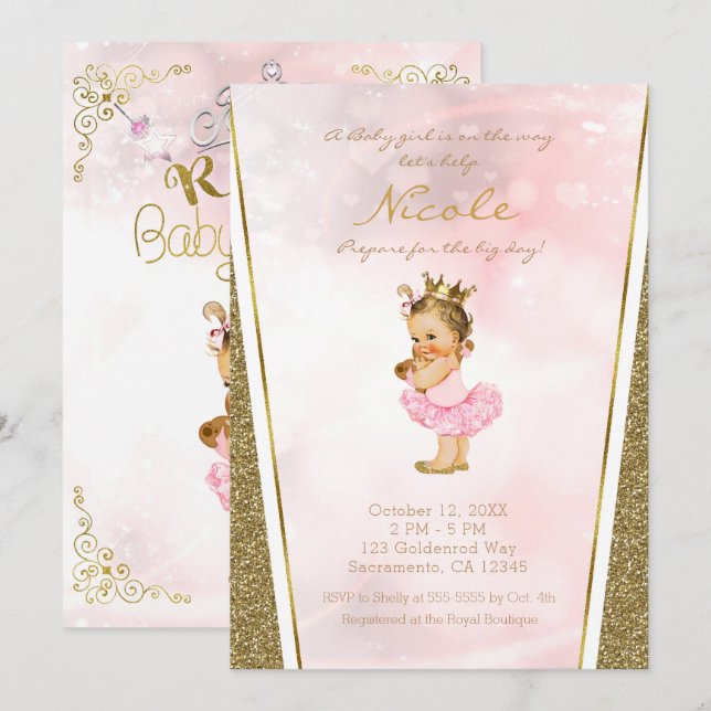 Invitation Parties scintillant rose et or Princesse Baby show (Devant / Derrière)