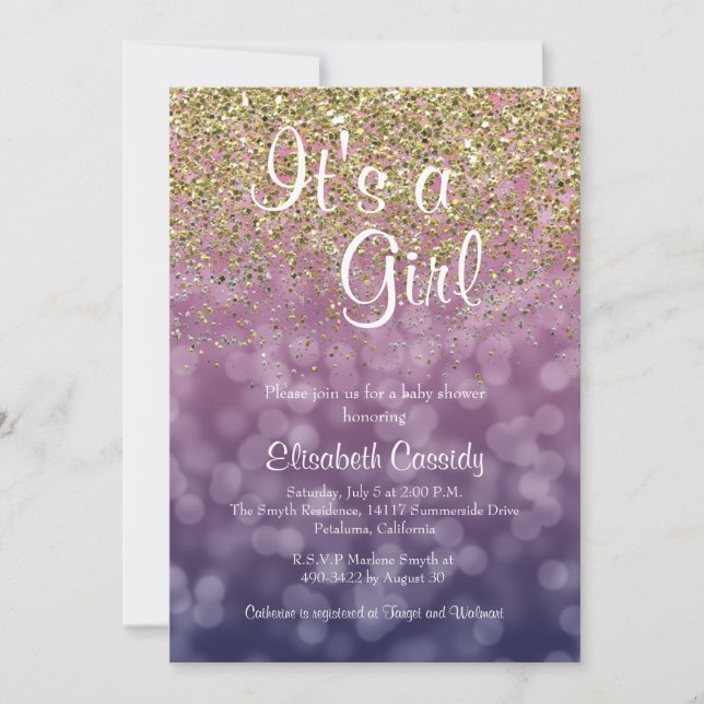 Invitation Parties scintillant rose et or saupoudrer Baby sho (Devant)