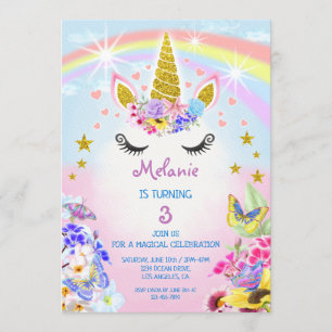 Invitation Parties scintillant rose et or Unicorn Rainbow Ann