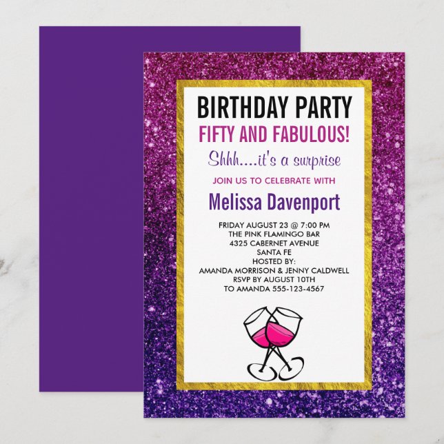 Invitation Parties scintillant rose et pourpre 50e fête d'ann (Devant / Derrière)