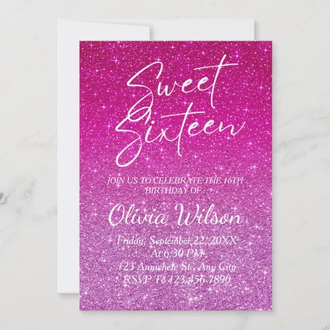 Invitation Parties scintillant rose étincelles Ombre Sweet 16 (Devant)