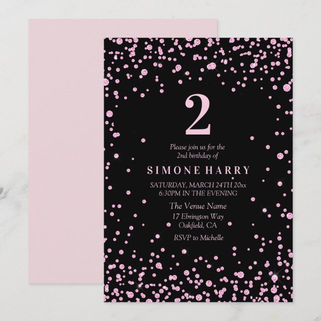 Invitation Parties scintillant rose Filles Confetti 2e Invita (Devant / Derrière)