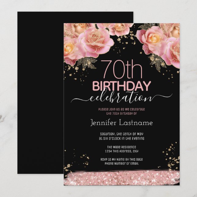 Invitation Parties scintillant rose Floral 70e anniversaire I (Devant / Derrière)