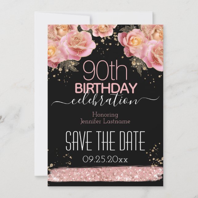 Invitation Parties scintillant rose Floral 90e anniversaire E (Devant)