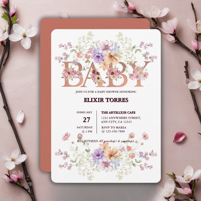 Invitation Parties scintillant rose floral Baby shower Monogr (Créateur téléchargé)