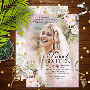 Invitation Parties scintillant rose Floral Modèle photo Sweet