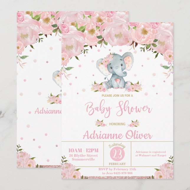 Invitation Parties scintillant rose florale mignonne Elephant (Devant / Derrière)