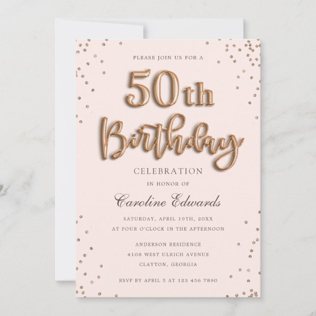 Invitation Parties scintillant Rose Foil Ballons 50e annivers (Devant)