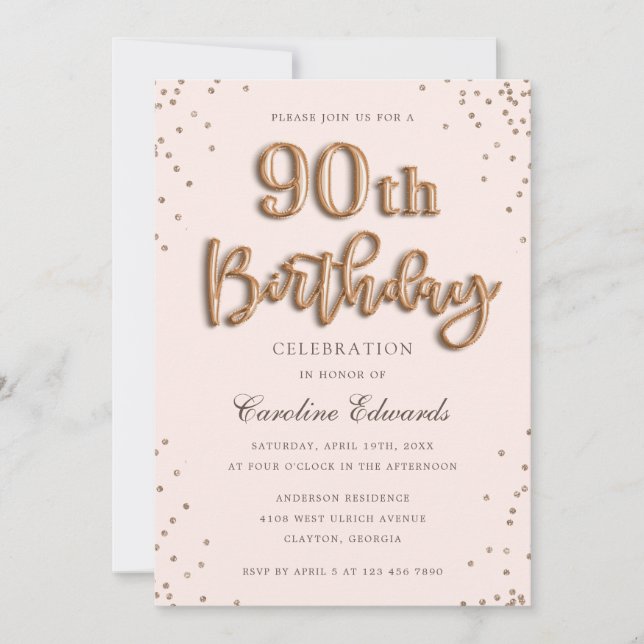 Invitation Parties scintillant Rose Foil Ballons 90e annivers (Devant)