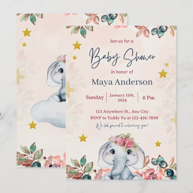 Invitation parties scintillant rose girly mignon baby shower (Devant / Derrière)