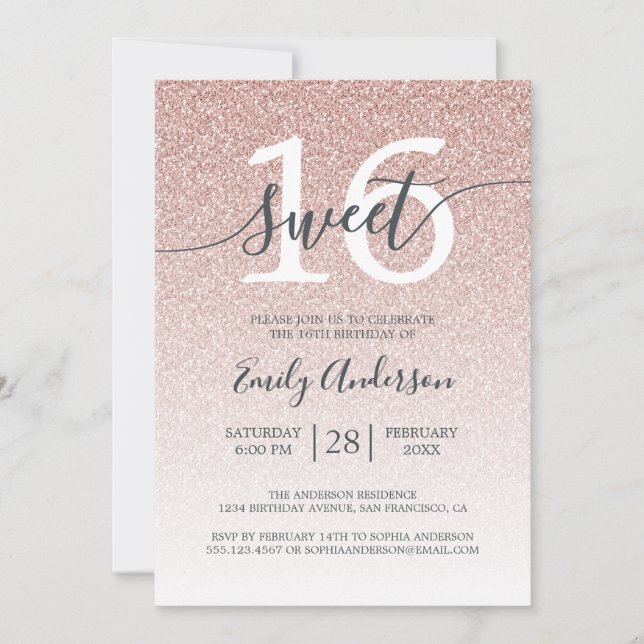 Invitation Parties scintillant rose glamour Ombre Sweet 16 An (Devant)