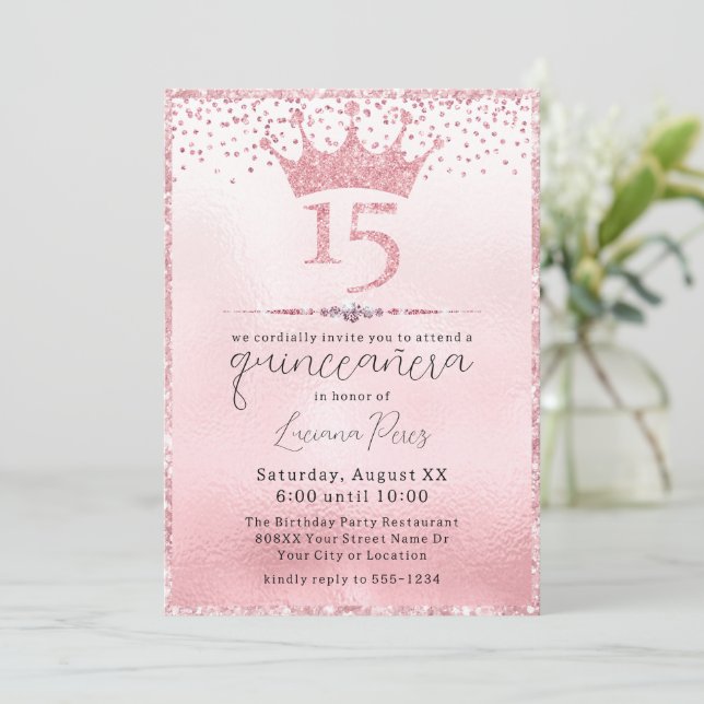 Invitation Parties scintillant rose glamour Tiara Quinceañera (Debout devant)