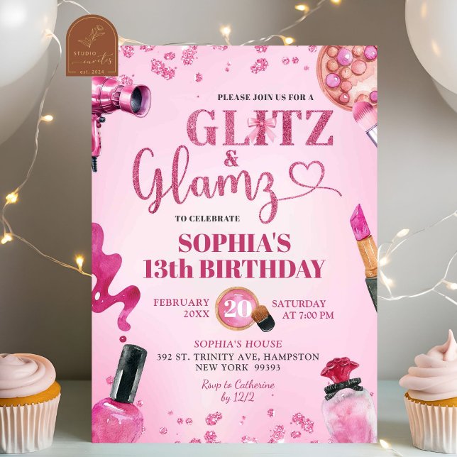 Invitation Parties scintillant rose Glitz et Glamz Make Up An (Créateur téléchargé)