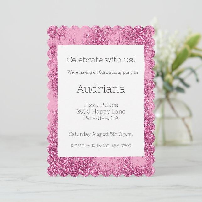 Invitation Parties scintillant rose Glitz étincelle 16e anniv (Debout devant)